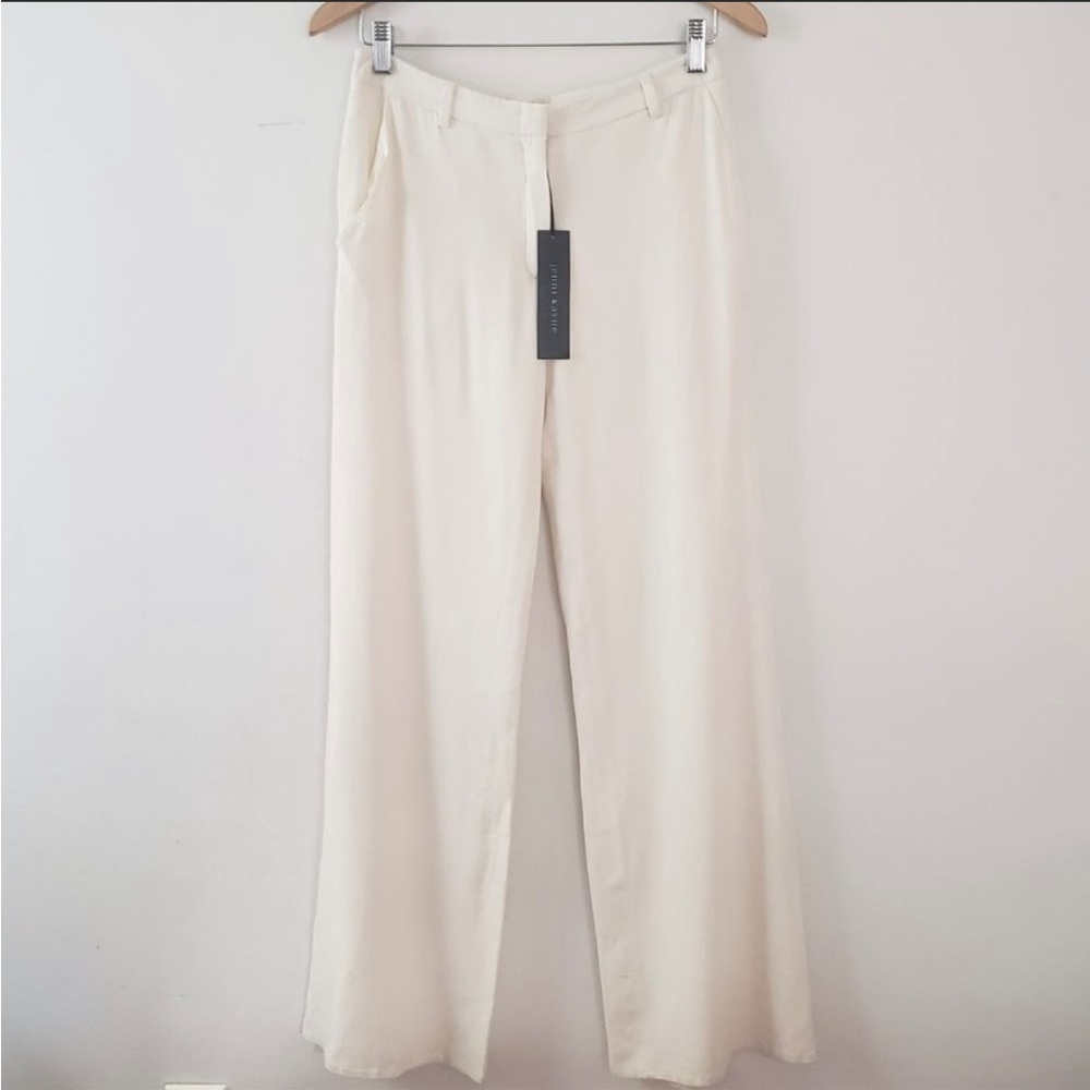 Jenni Kayne Birkin Silk-Lined Ivory Wide Leg Crepe Trousers